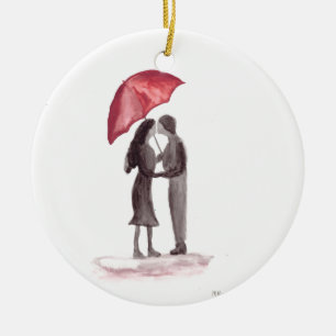 Liebespaar roter Regenschirm Malerei Keramik Ornament