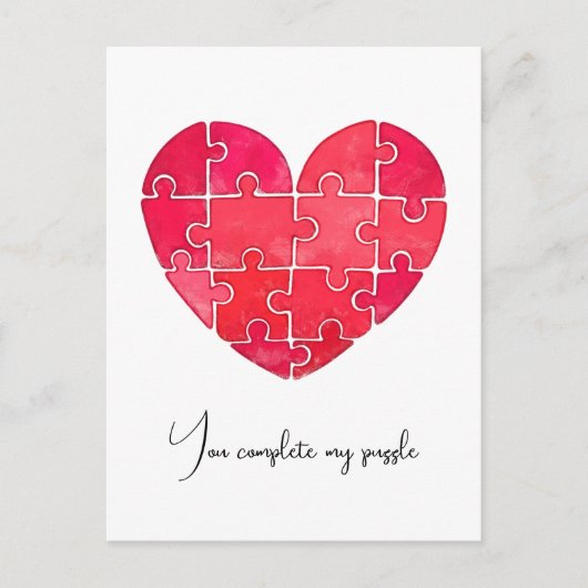 Liebespuzzle gelöst, rotes Puzzleherz Postkarte (Vorderseite)