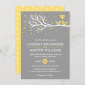 Liebesvögel auf Bäumen Hochzeit Einladung Gelb Gra (Vorne/Hinten)