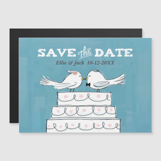 Liebesvögel auf Hochzeitstorte Save the Date Magneteinladung (Vorne/Hinten)