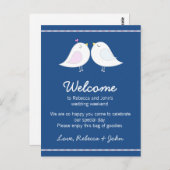 Liebesvögel auf Navy Blue Wedding Welcome Card Postkarte (Vorne/Hinten)