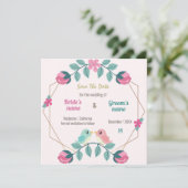 Liebesvögel Blumenkarte Save the Date (Stehend Vorderseite)