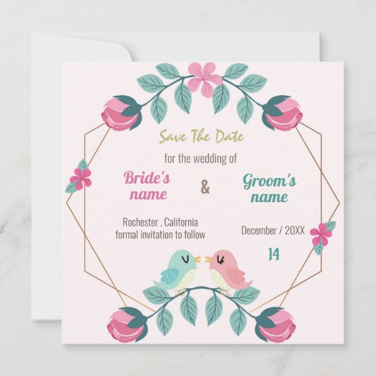 Liebesvögel Blumenkarte Save the Date (Vorderseite)