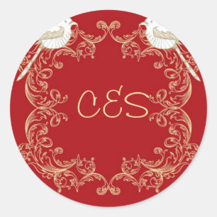 Liebesvögel Crimson/Creme Hochzeitsticker Runder Aufkleber