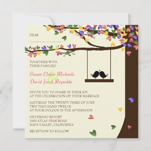 Liebesvögel Fallende farbige Herzklopfen Eichenbau Einladung (Vorderseite)