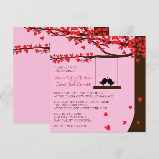 Liebesvögel Fallende Herzen Eichenbaum Hochzeitsem Einladung (Vorne/Hinten)