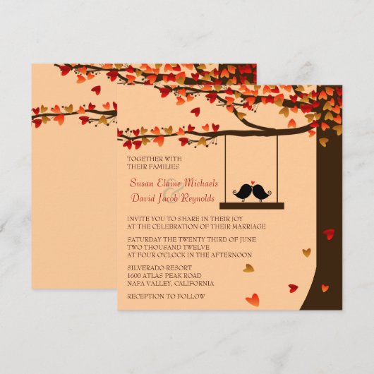 Liebesvögel Fallende Herzen Eichenbaum Hochzeitsem Einladung (Vorne/Hinten)