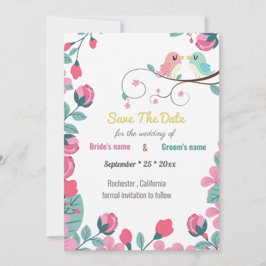 Liebesvögel Frühlingsblumen Save the Date (Vorderseite)