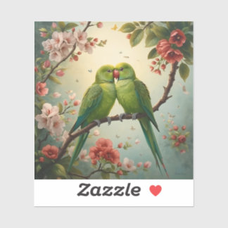 Liebesvögel | Grüne Papageien zwischen Blüten  Aufkleber