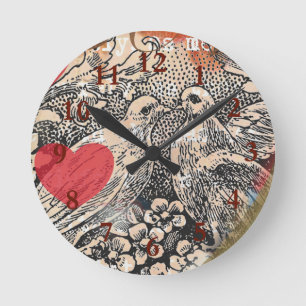 Liebesvögel Herz Rot Art Collage Runde Wanduhr