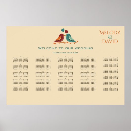 Liebesvögel Hochzeitstabelle Poster (Vorne)