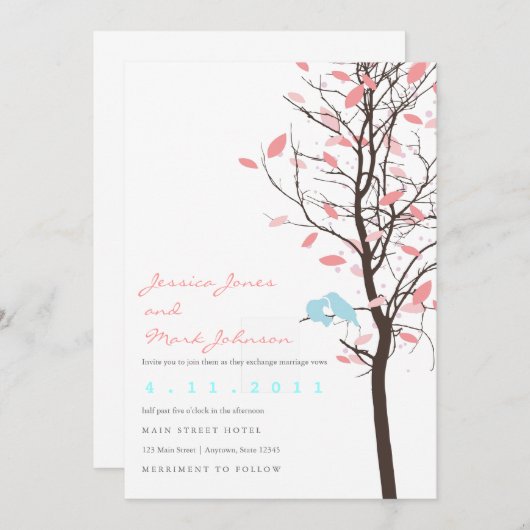 Liebesvögel in Bäumen - Rosa und Blau Einladung (Vorne/Hinten)