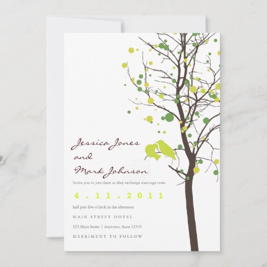 Liebesvögel in Polka Dot Tree Einladung (Vorderseite)