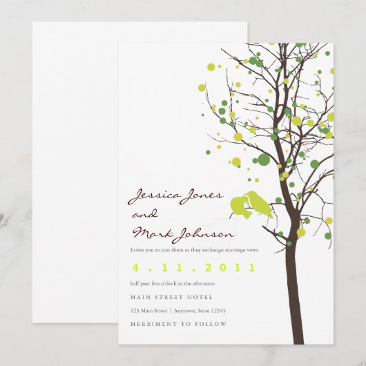 Liebesvögel in Polka Dot Tree Einladung (Vorne/Hinten)