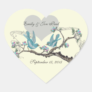 Liebesvögel in Tree Pink Aqua Hochzeitsaufkleber Herz-Aufkleber