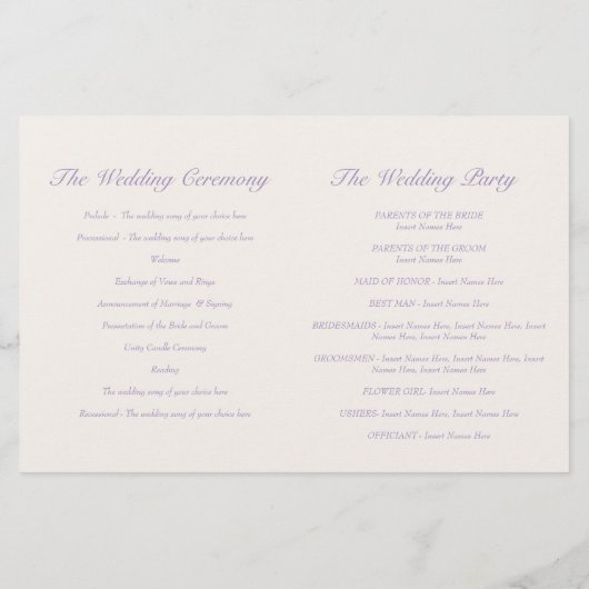 Liebesvögel lila rosa Hochzeitsprogramm (Rückseite)