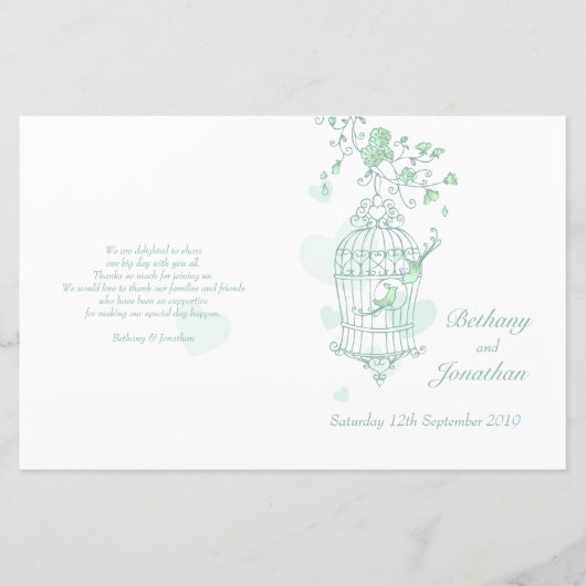 Liebesvögel minzen grünes Hochzeitsprogramm (Vorderseite)