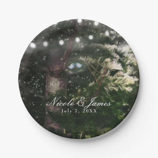Liebesvögel + Pine Tree Night Hochzeit Empfang Pappteller (Vorderseite)