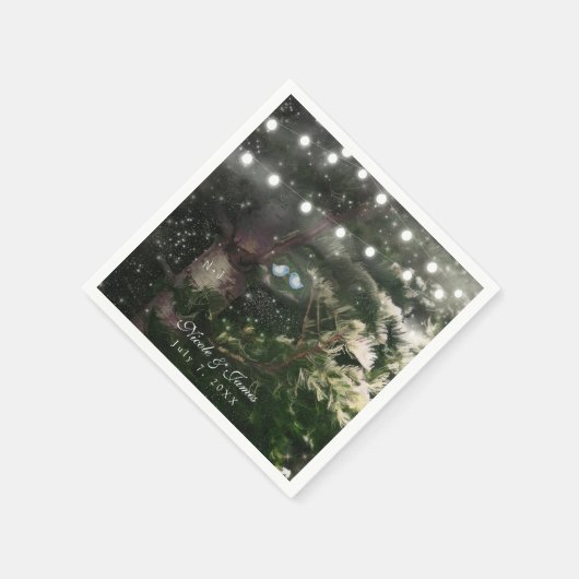 Liebesvögel + Pine Tree Night Hochzeit Empfang Serviette (Ecke)
