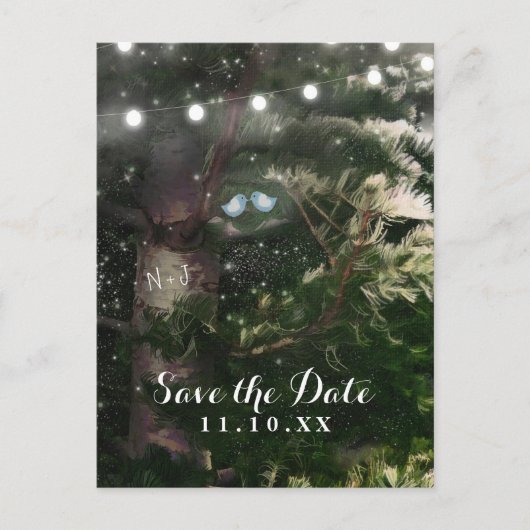 Liebesvögel + Pine Tree Night Save the Date Ankündigungspostkarte (Vorderseite)