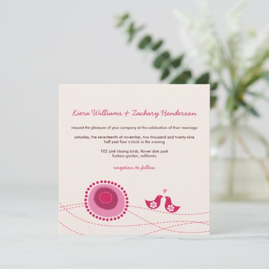 Liebesvögel Rosa Punkte Niedlichen Blume Hochzeits Einladung (Stehend Vorderseite)