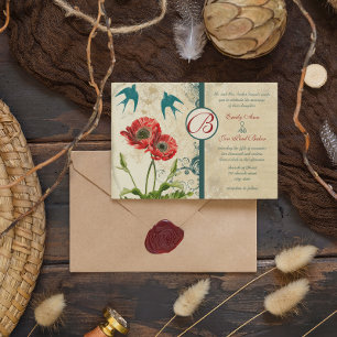 Liebesvogel Rot Türkis Spitze Damast Mohn Hochzeit Einladung