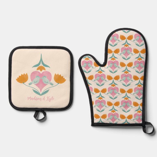 Liebesvögel und Blume Ofenhandschuh & Topflappen-Set (Vorderseite)