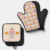 Liebesvögel und Blume Ofenhandschuh & Topflappen-Set (Vorderseite/Rückseite)