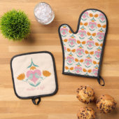 Liebesvögel und Blume Ofenhandschuh & Topflappen-Set (Oben Unten)