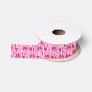 Liebesvögel und rosa Herzen kariert Satinband