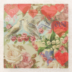 Liebesvögel Vintag antikes Herz Glasuntersetzer