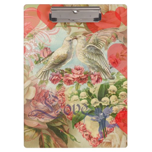 Liebesvögel Vintag antikes Herz Klemmbrett (Vorderseite)