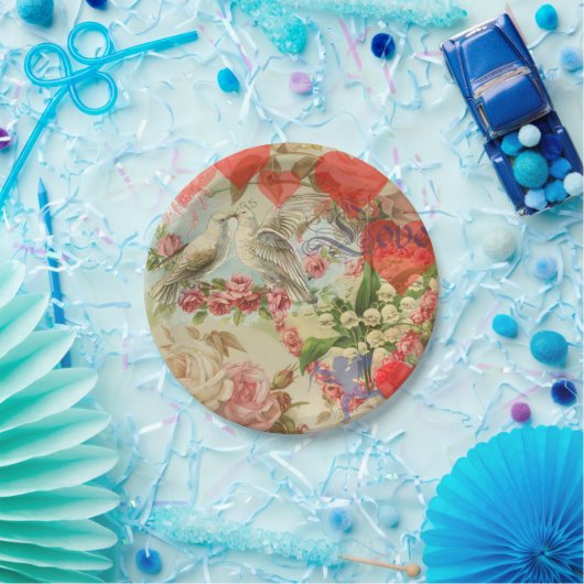 Liebesvögel Vintag antikes Herz Pappteller (Party)