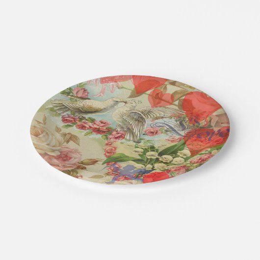 Liebesvögel Vintag antikes Herz Pappteller (Schrägansicht)