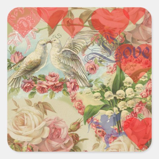 Liebesvögel Vintag antikes Herz Quadratischer Aufkleber (Vorderseite)
