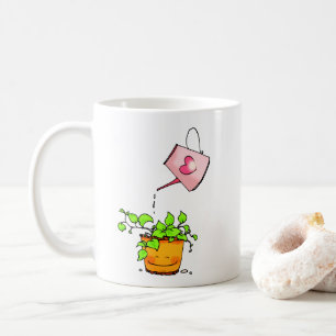 Liebevolle Bewässerung, Glückliche Zimmerpflanze Kaffeetasse