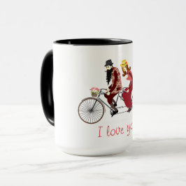 Liebevolle Paare auf einer Tandemfahrrad-Tasse Tasse