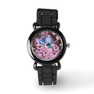 Liebevolle Parakeets und rosa Blumen Armbanduhr