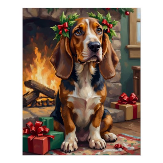 Liebevoller Basset Hound Hund mit Weihnachtskranz Poster (Vorderseite)