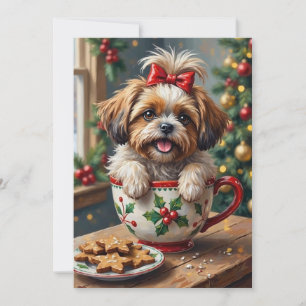 Liebevoller Shih-Tzu-Hund in Weihnachtstassen-Kozy Feiertagskarte