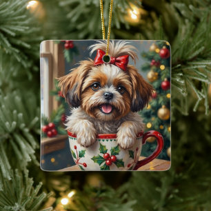 Liebevoller Shih Tzu Hund in Weihnachtstassen-Kozy Keramikornament