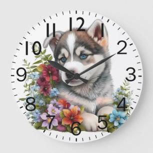 Liebevoller sibirischer Husky-Welpe Große Wanduhr