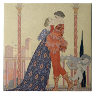 Liebhaber auf einem Balkon (w/c auf Papier) Fliese