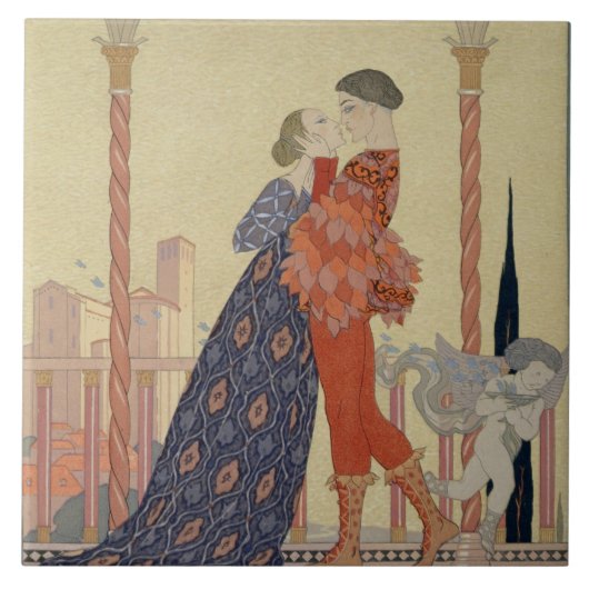 Liebhaber auf einem Balkon (w/c auf Papier) Fliese (Vorderseite)