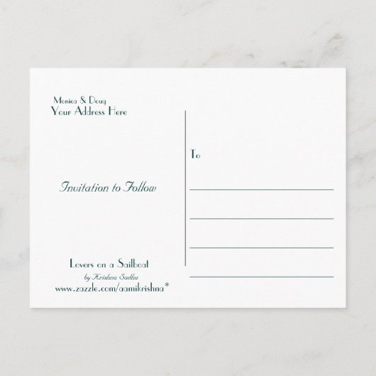 Liebhaber eines Segelbootes, Save the Date Postkar Ankündigungspostkarte (Rückseite)