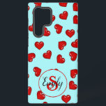 Liebhaber rotes Herzmuster auf Blue Custom Monogra Samsung Galaxy Hülle<br><div class="desc">Dieses stilvolle Handy-Gehäuse ist der perfekte Weg, um Ihrem besonderen jemanden zu zeigen, wie viel Sie sie Liebe haben! Die farbenfrohen roten Herzen mit türkisblauem Hintergrund sind bemerkenswert ansprechend und elegant, was es zu einem absoluten Muss für ein romantisches Paar macht. Dieses aus robustem und langlebigem Material gefertigte liebevolle Handy-Gehäuse...</div>