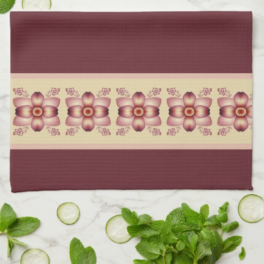 Lieblich blumengeschmückte Bordeaux und Creme Geschirrtuch (Gefaltet)