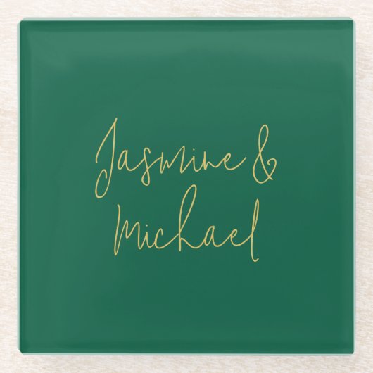 Lieblich Chic Calligraphy Couple Names Green & Gol Glasuntersetzer (Vorderseite)