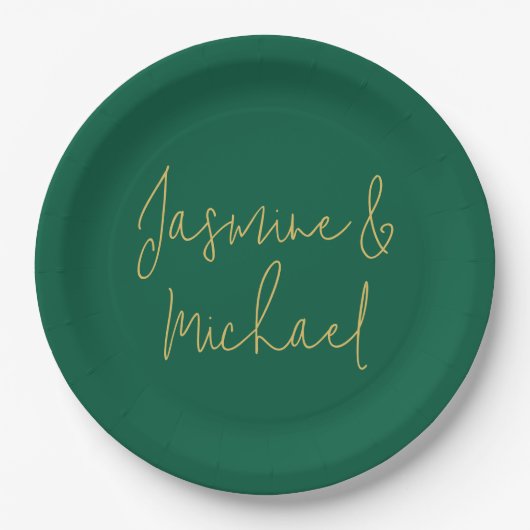 Lieblich Chic Calligraphy Couple Names Green & Gol Pappteller (Vorderseite)