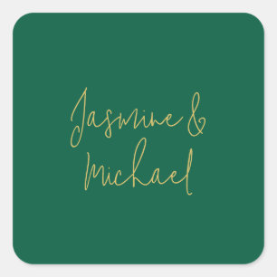Lieblich Chic Calligraphy Couple Names Green & Gol Quadratischer Aufkleber